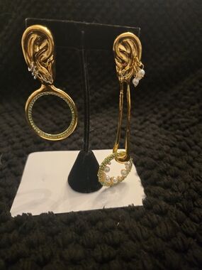 Schiaparelli Inspired Gold-Tone Hoop Earrings w/ Green Crystals & Pearl Accents